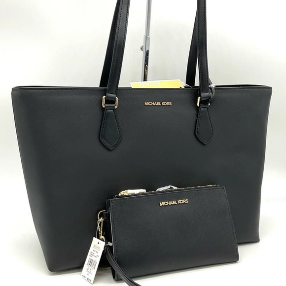 Michael Kors Bag Large Sheila Mf Tote Bag & Large Double Zip Wallet Black/Gold - Picture 3 of 15